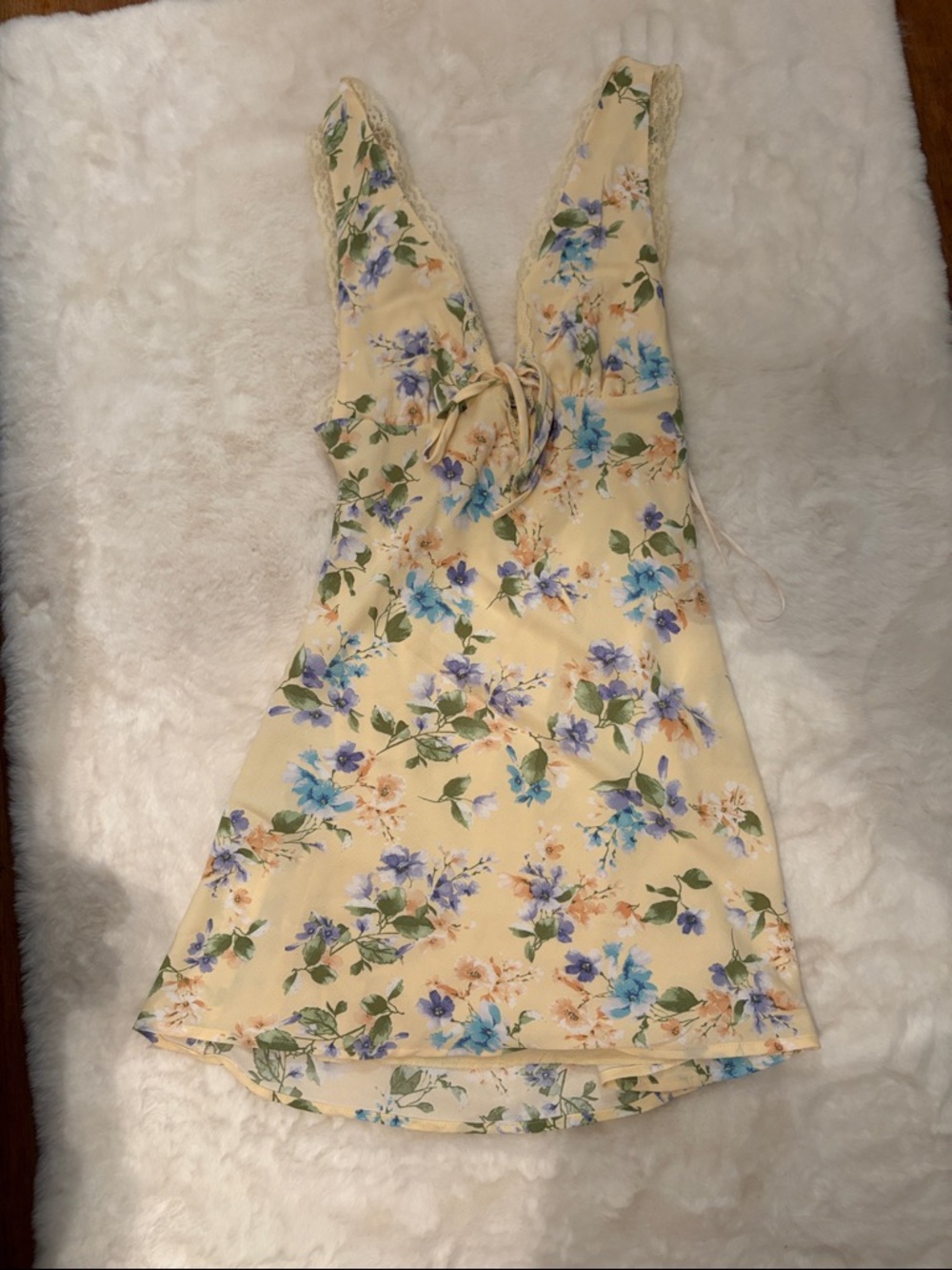 Sincerely Jules Yellow Floral Mini Dress with Blue & Green Bouquet